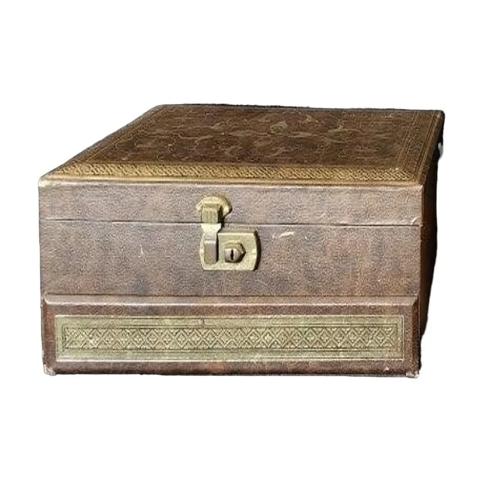 Vintage Leather‎ Covered Wooden Jewelry / Trinket Box [No Key]